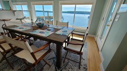20 Wharf Rd, Blue Hill, ME 04614 - dining area with a water view, plenty of natural light, and wood finished floors