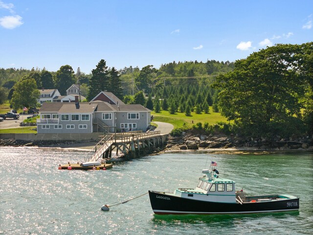 20 Wharf Rd, Blue Hill, ME 04614 - dock with a water view, stairs, and a wooded view
