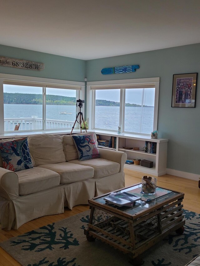 20 Wharf Rd, Blue Hill, ME 04614 - living room with wood finished floors, a water view, and baseboards