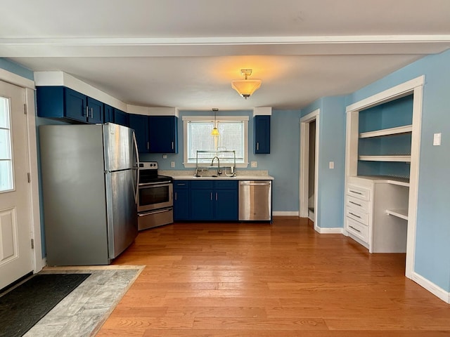 kitchen with blue cabinetry, appliances with stainless steel finishes, light countertops, and a sink