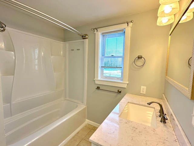 bathroom with tile patterned flooring, shower / tub combination, and vanity