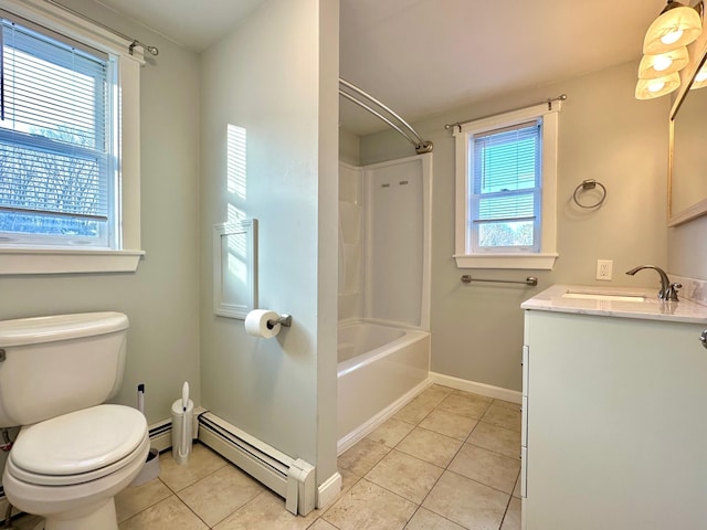 bathroom with tile patterned flooring, toilet, baseboards, and baseboard heating