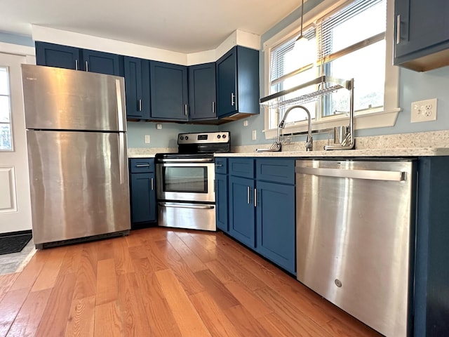 kitchen featuring blue cabinets, stainless steel appliances, a wealth of natural light, and light wood finished floors