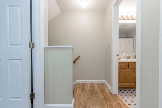 interior space featuring vanity, wood finished floors, and baseboards