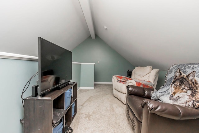 interior space featuring baseboards, light carpet, and vaulted ceiling with beams