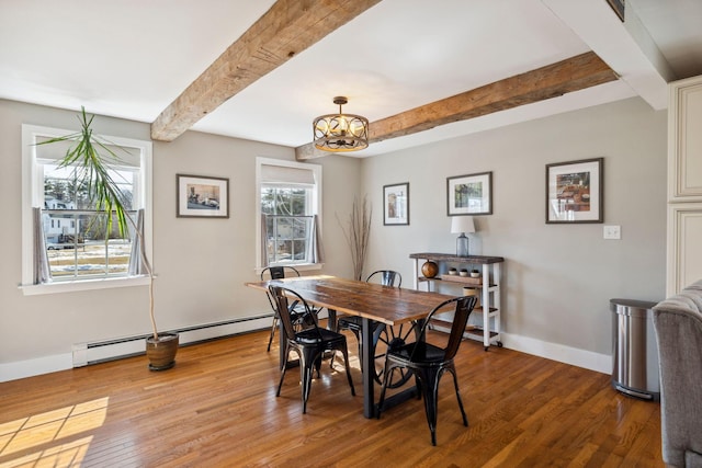 dining area featuring beamed ceiling, baseboards, wood-type flooring, and a baseboard radiator