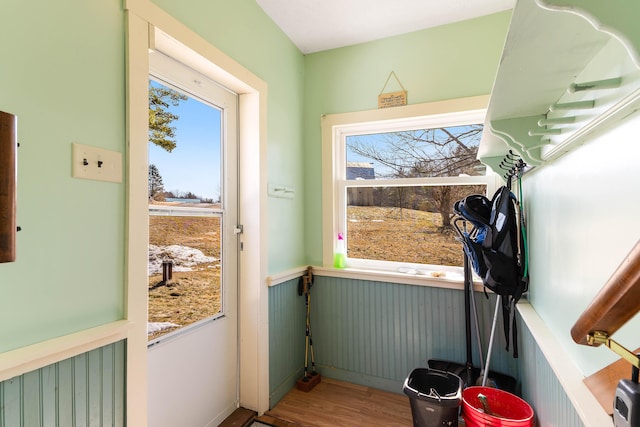 doorway with wood finished floors, a wealth of natural light, and wainscoting