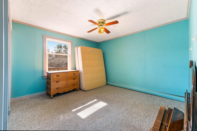 unfurnished bedroom featuring crown molding, carpet, baseboard heating, a textured ceiling, and a ceiling fan