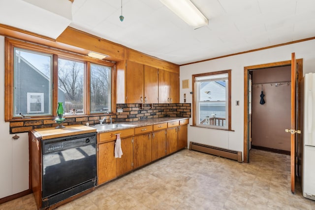 kitchen featuring brown cabinetry, a sink, black dishwasher, a baseboard heating unit, and backsplash