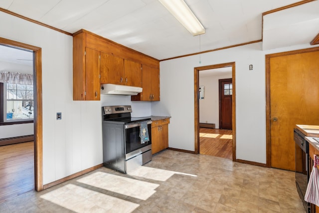 kitchen featuring under cabinet range hood, plenty of natural light, stainless steel electric stove, and brown cabinetry