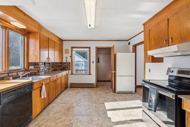 kitchen with stainless steel electric range oven, a baseboard radiator, freestanding refrigerator, black dishwasher, and under cabinet range hood