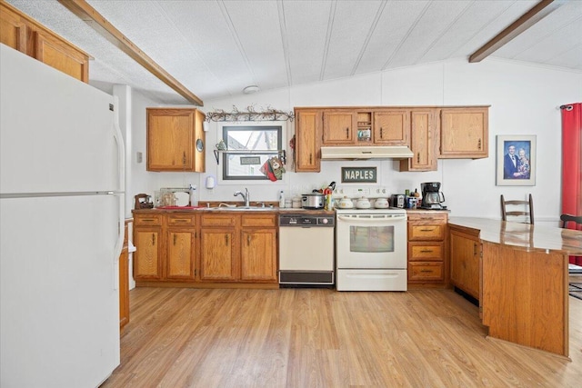 kitchen with a sink, under cabinet range hood, white appliances, a peninsula, and vaulted ceiling with beams