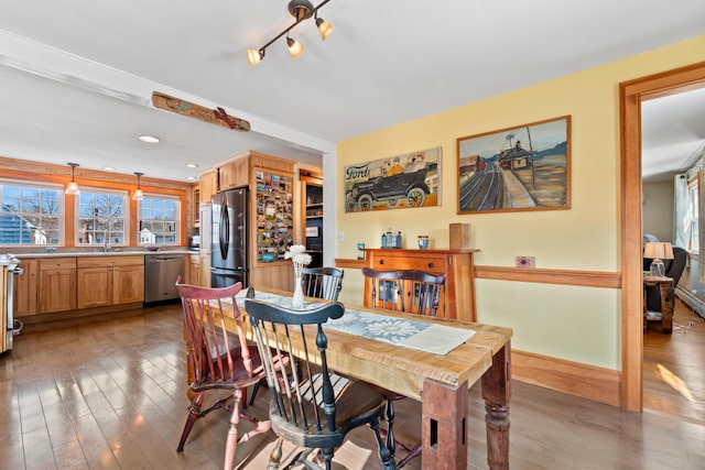 dining area with wood-type flooring and track lighting