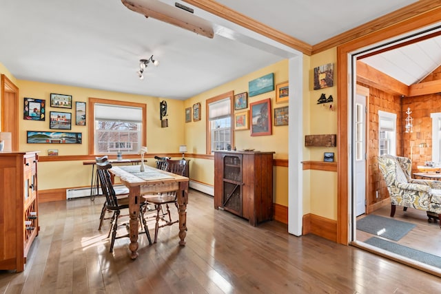 dining space with hardwood / wood-style flooring, a baseboard heating unit, baseboards, and a baseboard radiator