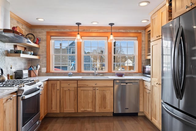 kitchen with dark wood finished floors, light countertops, appliances with stainless steel finishes, wall chimney exhaust hood, and a sink