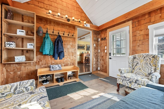 mudroom featuring lofted ceiling and wood finished floors