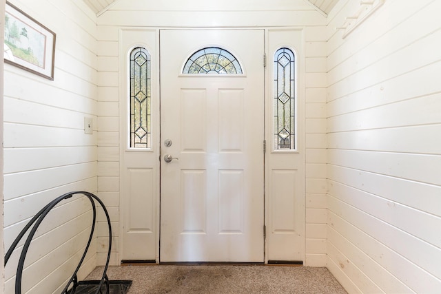 44 Periwinkle Ln, Phippsburg, ME 04562 - foyer with vaulted ceiling and wood walls