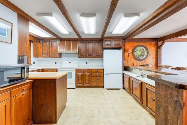 44 Periwinkle Ln, Phippsburg, ME 04562 - kitchen featuring white appliances, custom exhaust hood, a peninsula, beamed ceiling, and backsplash