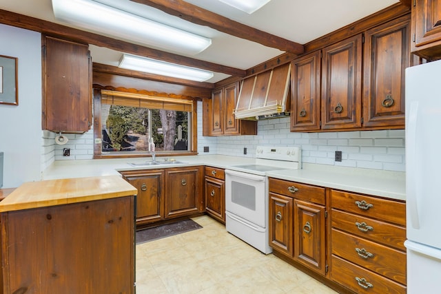44 Periwinkle Ln, Phippsburg, ME 04562 - kitchen featuring beamed ceiling, a sink, white appliances, decorative backsplash, and custom exhaust hood