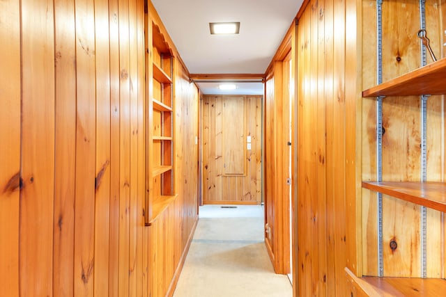 44 Periwinkle Ln, Phippsburg, ME 04562 - hall featuring built in shelves, wooden walls, and carpet