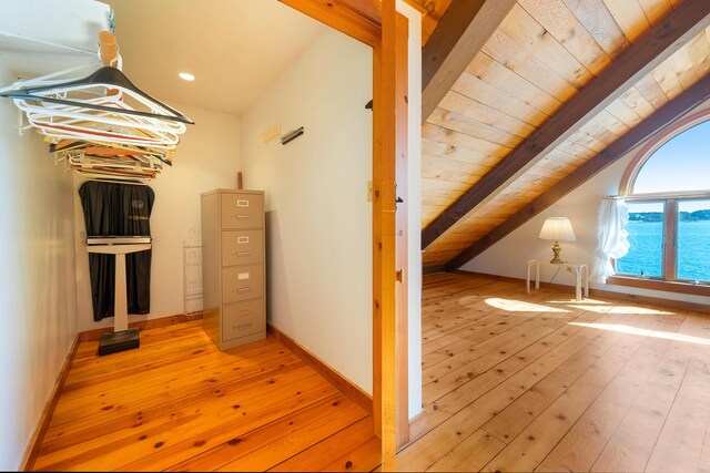 44 Periwinkle Ln, Phippsburg, ME 04562 - additional living space featuring wooden ceiling, vaulted ceiling with beams, light wood-type flooring, and baseboards