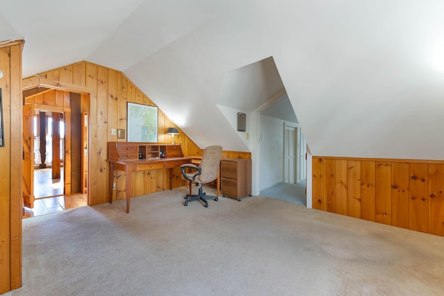 44 Periwinkle Ln, Phippsburg, ME 04562 - carpeted office featuring lofted ceiling and wood walls
