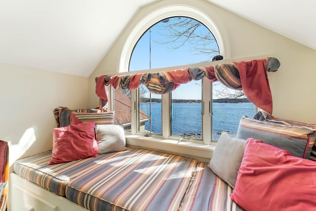 44 Periwinkle Ln, Phippsburg, ME 04562 - bedroom with vaulted ceiling and a water view