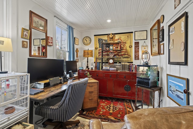 office space with wood ceiling