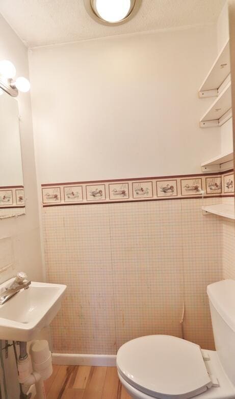 half bath featuring tile walls, a wainscoted wall, toilet, wood finished floors, and a textured ceiling