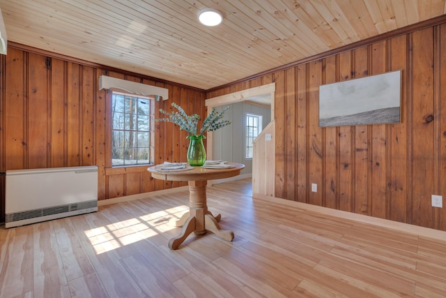 unfurnished dining area with heating unit, a healthy amount of sunlight, wood ceiling, and wood finished floors