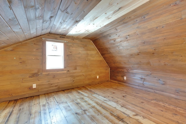 bonus room with hardwood / wood-style floors, vaulted ceiling, wood ceiling, and wood walls