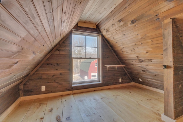 bonus room with hardwood / wood-style floors, lofted ceiling, wooden ceiling, and wood walls