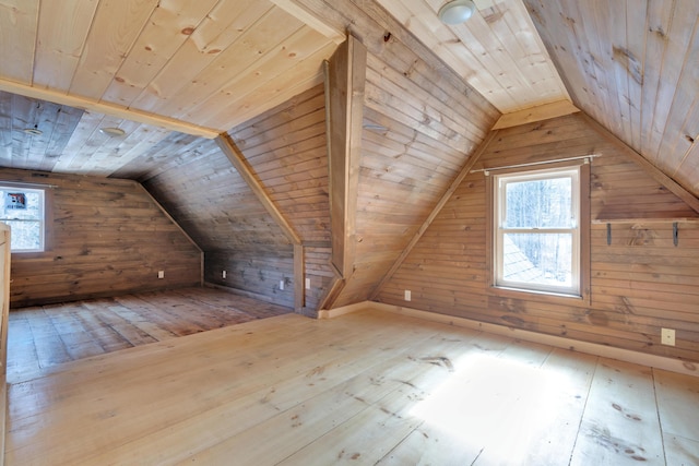 bonus room featuring wood-type flooring, wooden walls, wooden ceiling, and vaulted ceiling