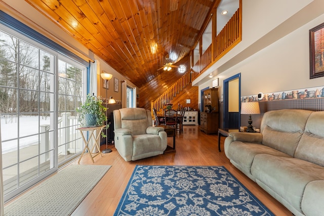 living room with wooden walls, wooden ceiling, lofted ceiling, and wood-type flooring