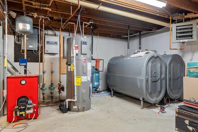 utility room with water heater, a heating unit, heating fuel, and electric panel