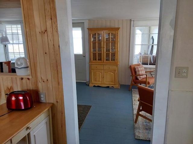 interior space with a healthy amount of sunlight, wood finished floors, and wood walls