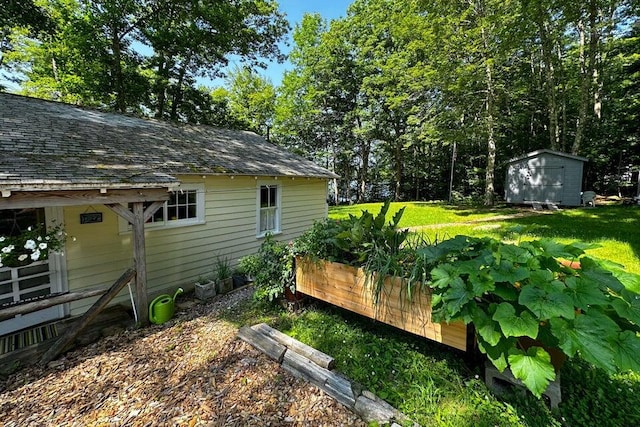 view of yard featuring an outbuilding and a shed