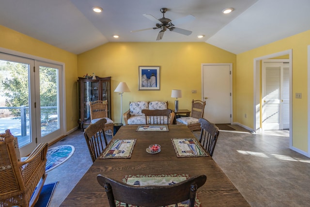 dining area with a ceiling fan, lofted ceiling, recessed lighting, and baseboards