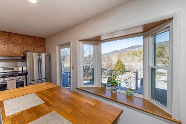 kitchen with a mountain view, appliances with stainless steel finishes, butcher block counters, and a healthy amount of sunlight