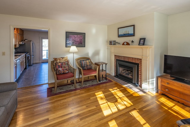 living area featuring a fireplace and wood-type flooring