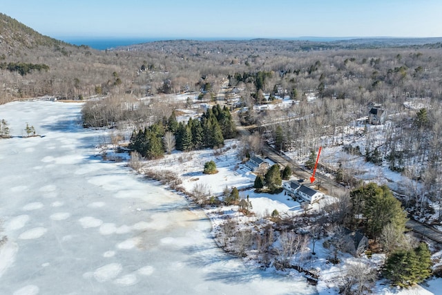 snowy aerial view with a wooded view and a mountain view