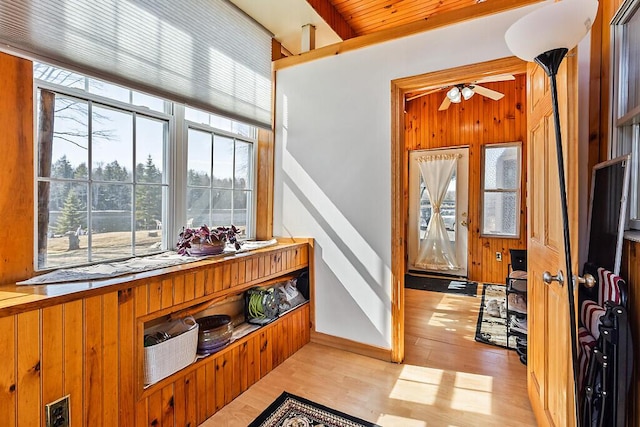 interior space with baseboards, ceiling fan, light wood-style floors, and plenty of natural light