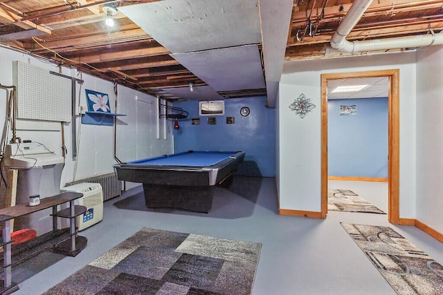 game room featuring billiards, baseboards, and finished concrete floors