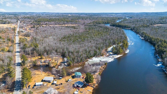 aerial view featuring a water view and a view of trees