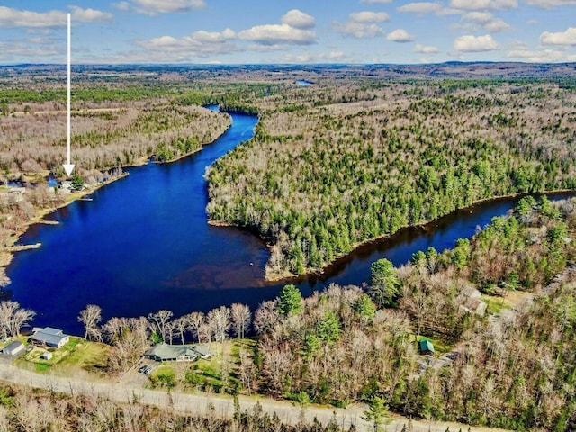 aerial view featuring a water view and a forest view