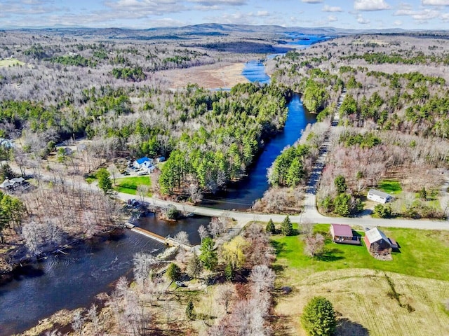 birds eye view of property with a water and mountain view