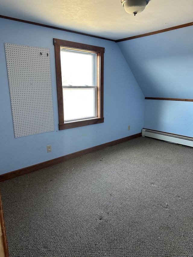 additional living space featuring lofted ceiling, carpet flooring, baseboards, and baseboard heating