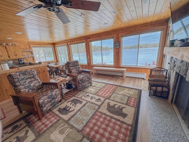 living area featuring wood walls, a stone fireplace, wooden ceiling, wood finished floors, and a ceiling fan