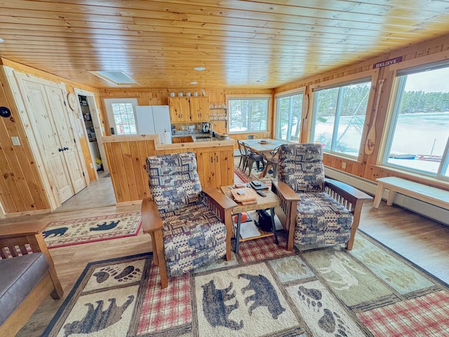 living area with wooden walls, wood ceiling, and light wood-style floors