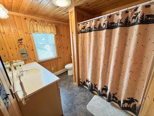 full bath with a shower with curtain, toilet, wooden walls, wooden ceiling, and vanity